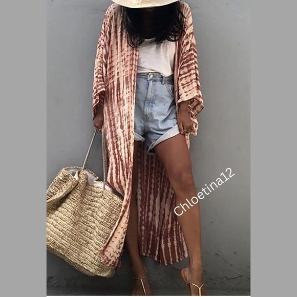 NEW Rusted Red Open Front Long Kimono Duster Loose Swimsuit Beach Cover up - Picture 3 of 8